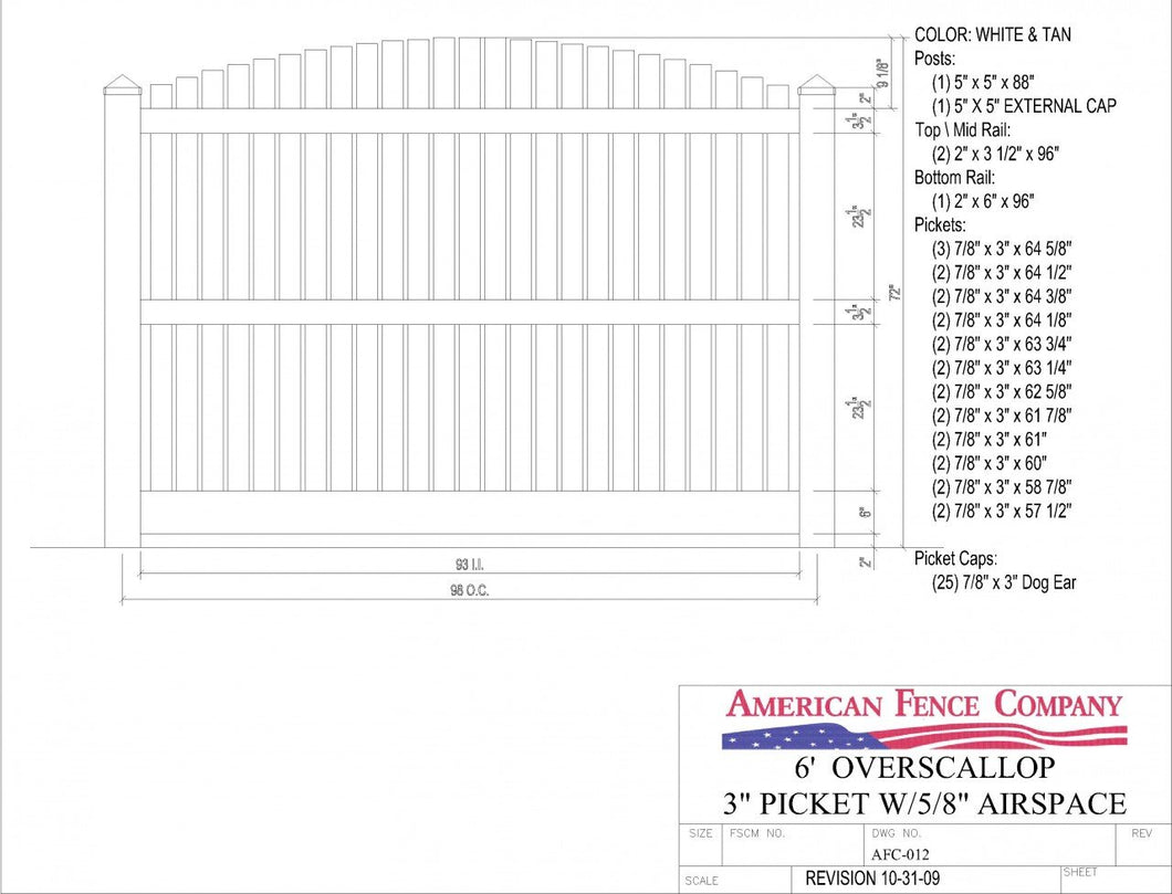 AFC-012   6' Tall x 8' Wide Overscallop Fence with 5/8