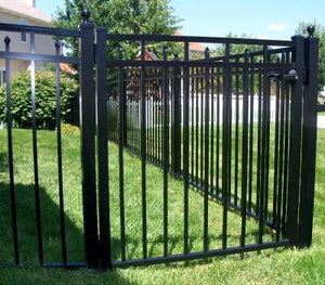 Flat top gate with alternating pickets, walk gate