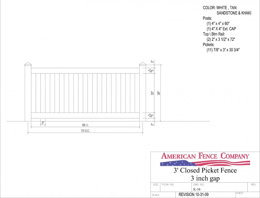 K-16   3' Tall x 6' Wide Closed Picket Fence with 3